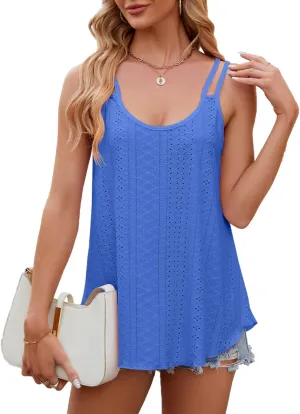 2025 Womens Tank Tops Eyelet Embroidery Sleeveless Camisole Summer Clothes Scoop Neck Flowy Shirts