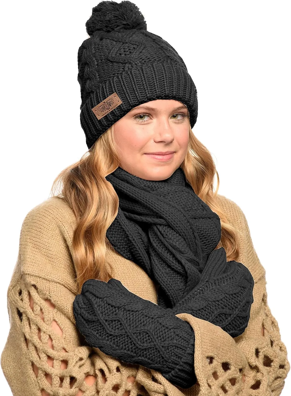 3 in 1 Women Soft Warm Thick Cable Knitted Hat Scarf & Gloves Winter Se