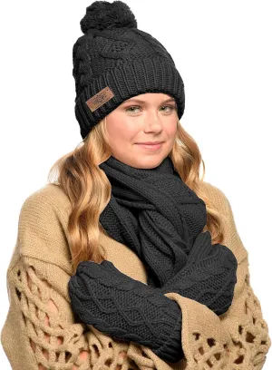 3 in 1 Women Soft Warm Thick Cable Knitted Hat Scarf & Gloves Winter Se