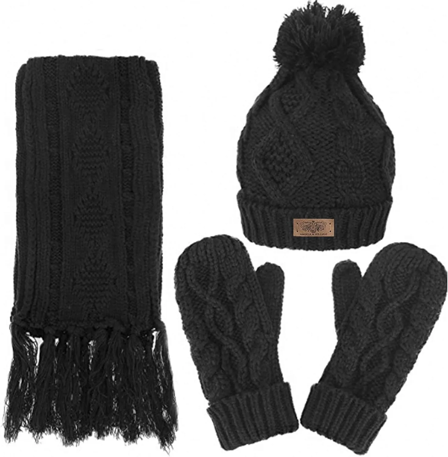 3 in 1 Women Soft Warm Thick Cable Knitted Hat Scarf & Gloves Winter Se