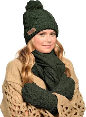 3 in 1 Women Soft Warm Thick Cable Knitted Hat Scarf & Gloves Winter Se