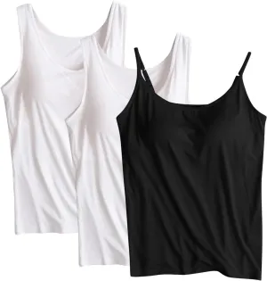 3 Pack Women Modal Camisole Tank Tops with Built in Bra Summer Soft Comfy Sleeveless Scoop Neck Workout Undershirts