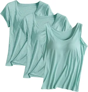 3 Pack Women T-Shirts & Tank Tops,Summer Soft Comfy Modal Built-in Bra Undershirts Scoop Neck Yoga Workout Tees