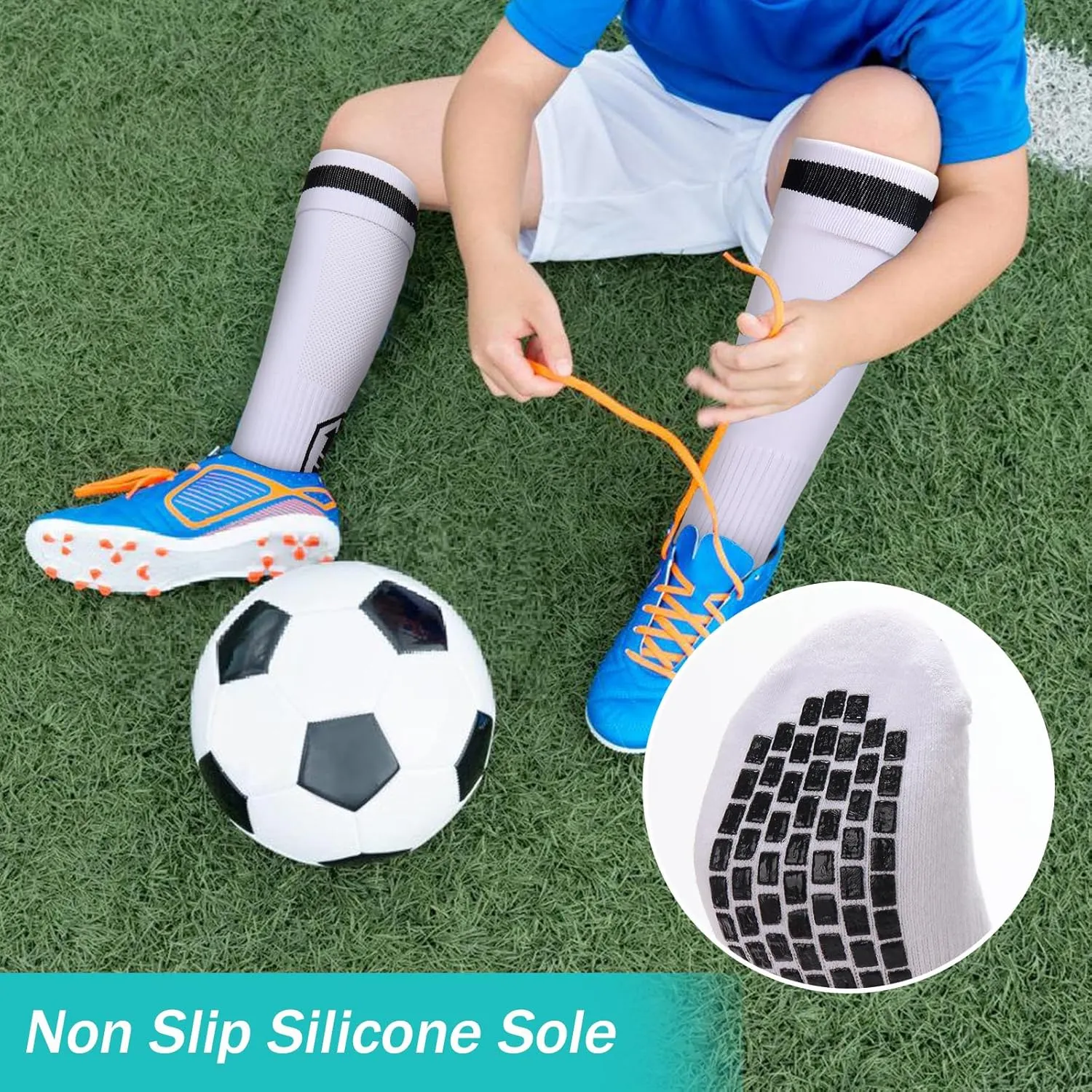 3 Pairs Kids Soccer Socks with Grip Knee High Anti Slip Football Basketball Socks for 8-14 Years Boys Girls