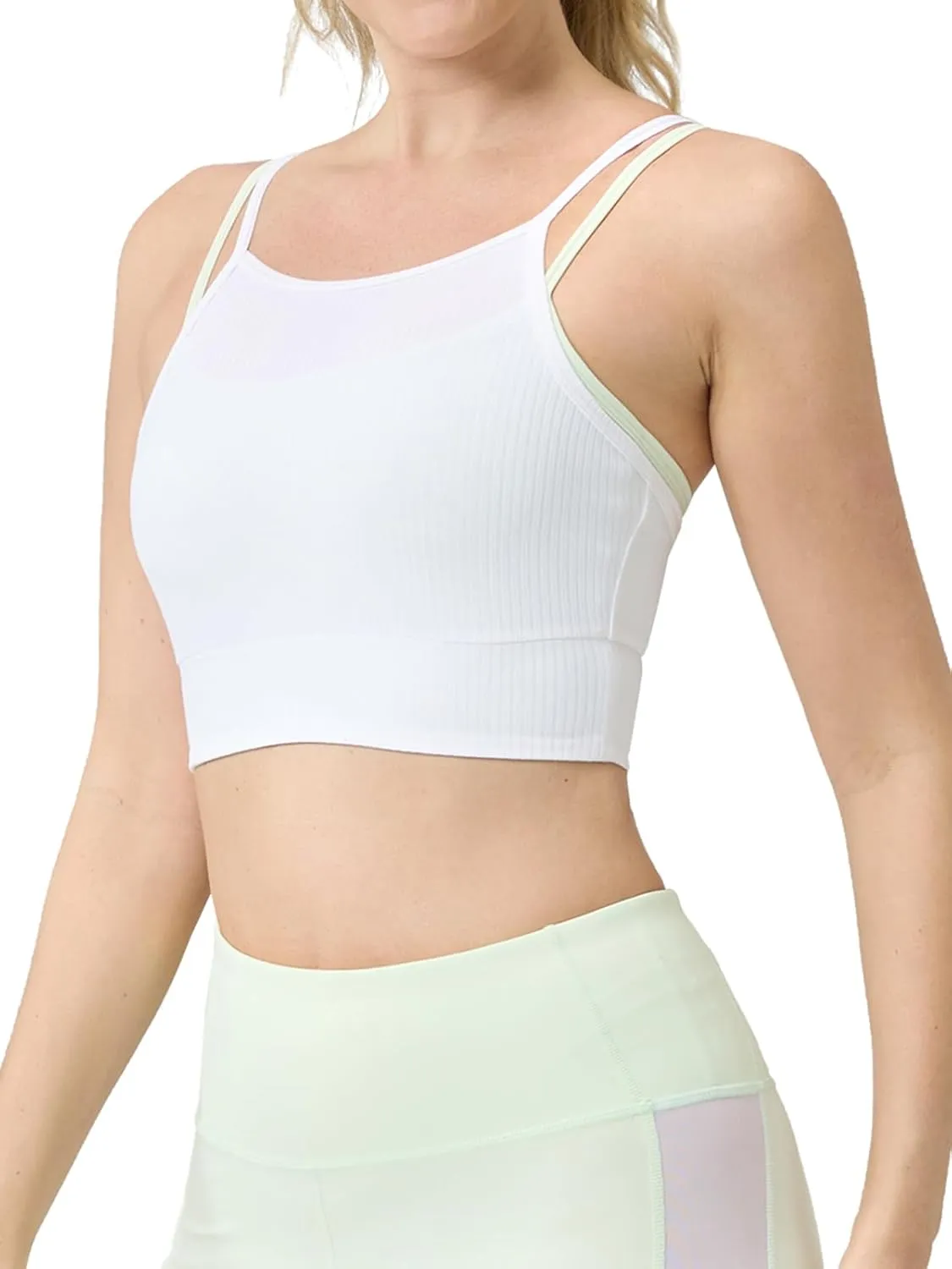 AARYA Women's Colorblock Workout Sports Bra with Removable Bra, Crop Top Tank Top High-Stretch Activewear for Gym & Yoga White