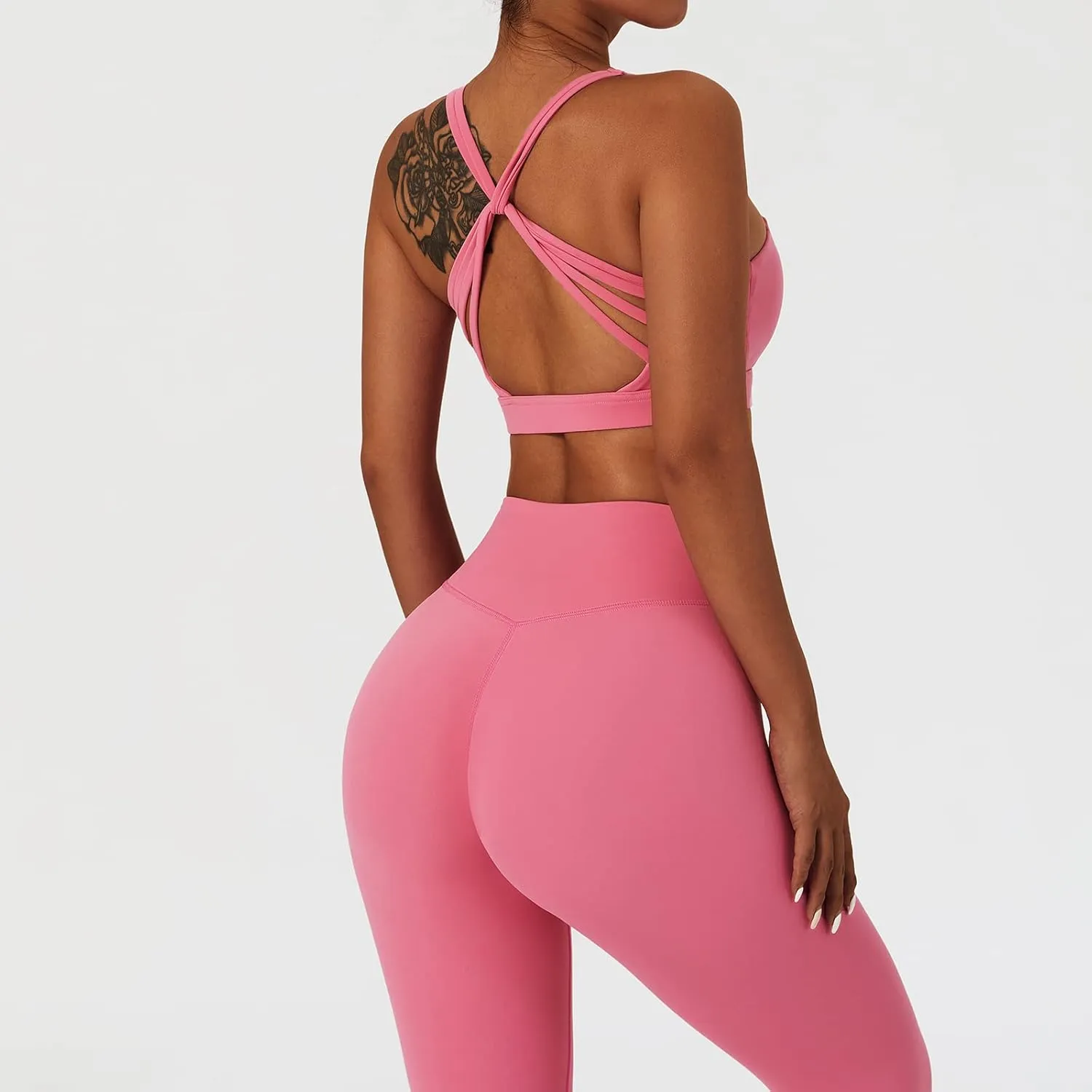 ABOCIW Women's Workout Sets 2 Piece Cross Waist High Waist Leggings Strappy Sport Bra Exercise Gym Yoga Outfits