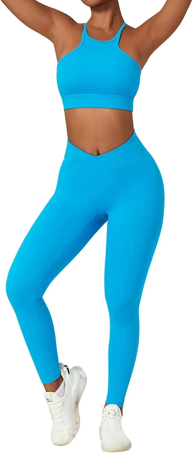 ABOCIW Women's Workout Sets 2 Piece Cross Waist High Waist Leggings Strappy Sport Bra Exercise Gym Yoga Outfits