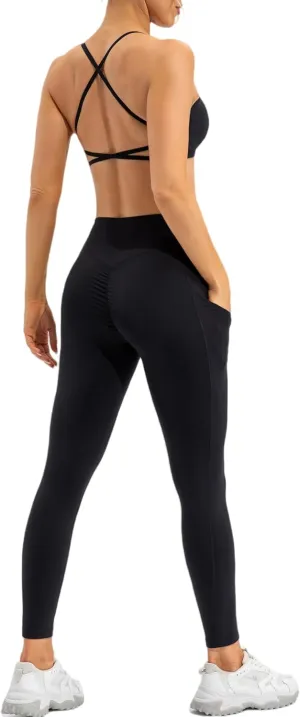 ABOCIW Workout Sets for Women Scoop Neck Cross Back Sport Bra Crossover High Waist Leggings with Pockets Scrunch Butt Lifting Yoga Pant Gym Yoga 2 Piece Outfits Black X-Large