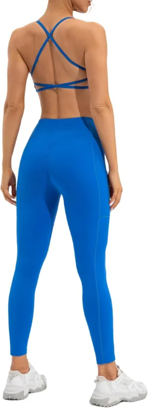 ABOCIW Workout Sets for Women Scoop Neck Cross Back Sport Bra Crossover High Waist Leggings with Pockets Scrunch Butt Lifting Yoga Pant Gym Yoga 2 Piece Outfits Blue Medium
