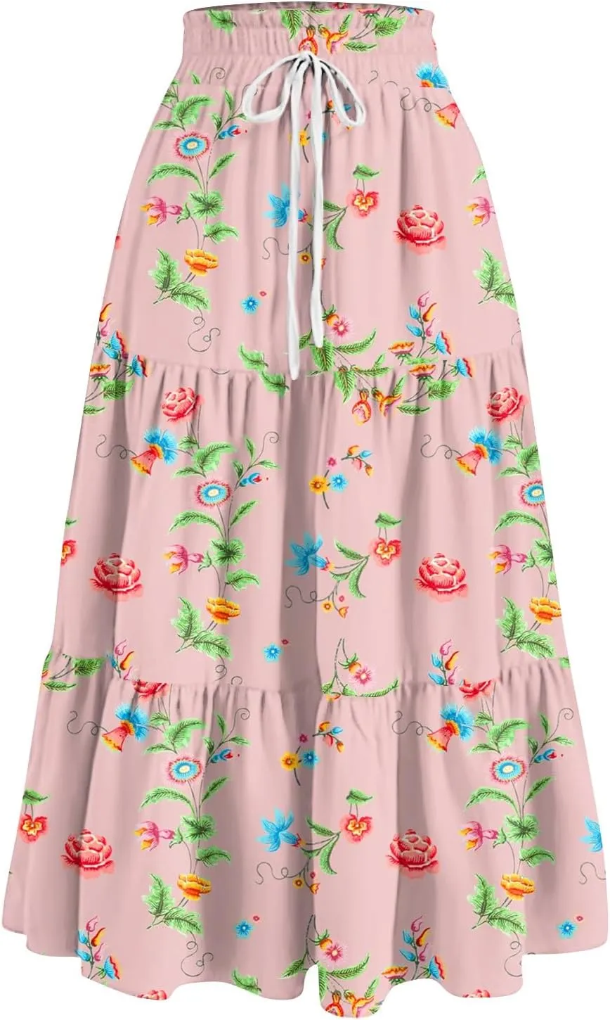 ADHOWBEW Boho Skirts for Women Flowy Trendy Beach Midi Length Plus Size Ruffle A Line Casual Cute High Waisted Spring Skirts