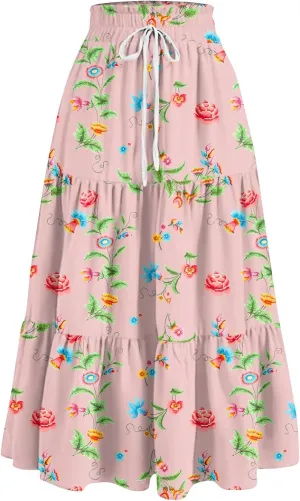 ADHOWBEW Boho Skirts for Women Flowy Trendy Beach Midi Length Plus Size Ruffle A Line Casual Cute High Waisted Spring Skirts
