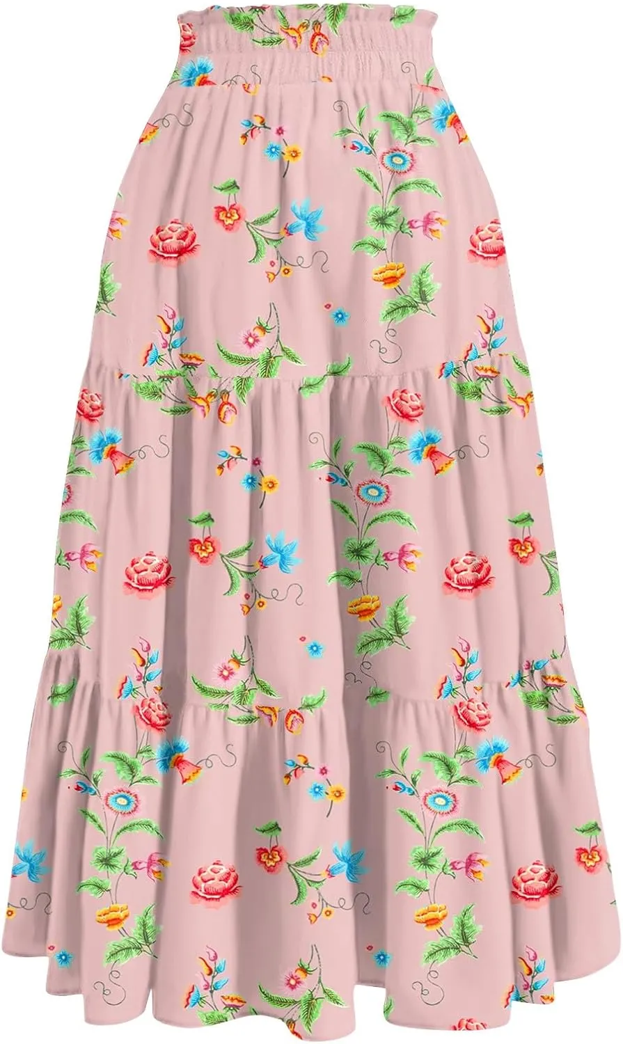 ADHOWBEW Boho Skirts for Women Flowy Trendy Beach Midi Length Plus Size Ruffle A Line Casual Cute High Waisted Spring Skirts