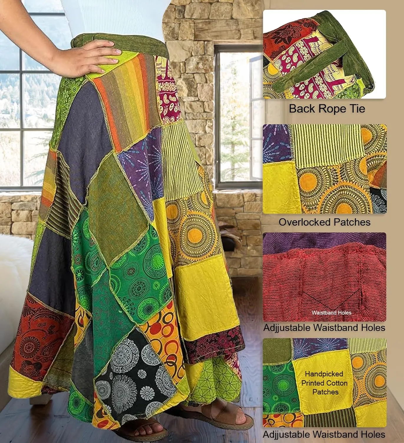 Agan Traders Women’s 2025 Summer Boho Maxi Skirt for Fall Patched Tie Up High Waisted Long Skirt Bohemian Wrap Cover Up