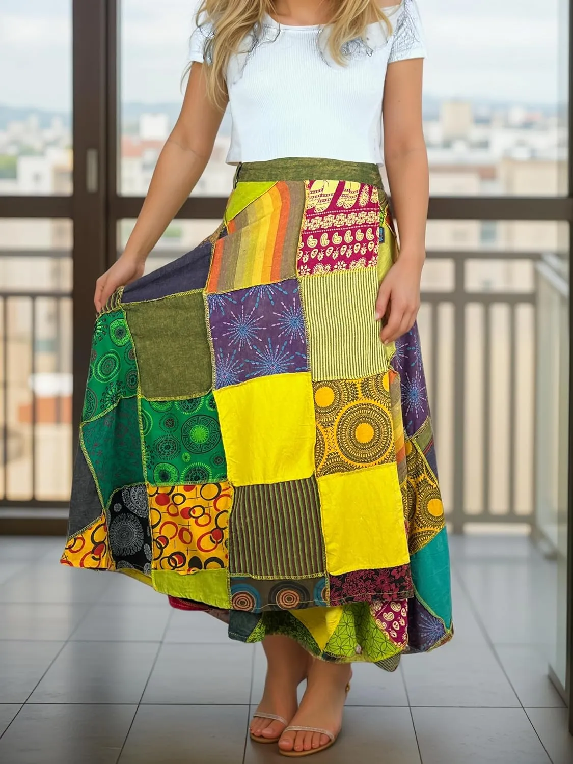 Agan Traders Women’s 2025 Summer Boho Maxi Skirt for Fall Patched Tie Up High Waisted Long Skirt Bohemian Wrap Cover Up