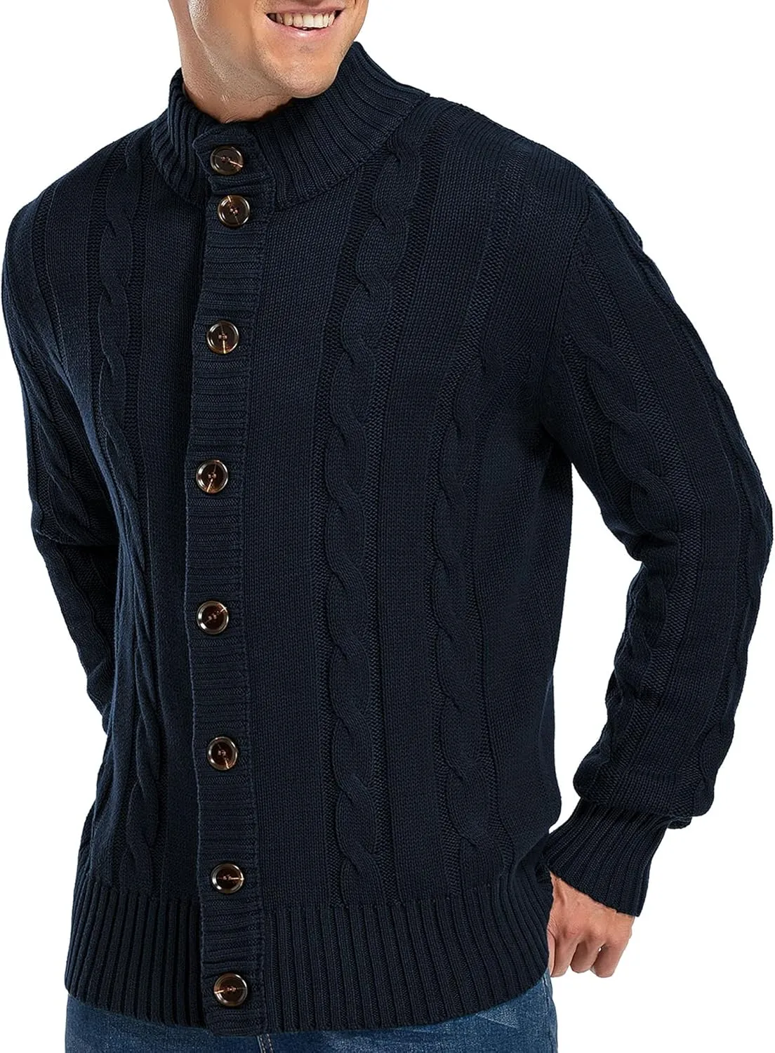 Aimeilgot Mens Fashion Casual Slim Fit Button Down Cable Knitted Stand Collar Cardigan Sweater