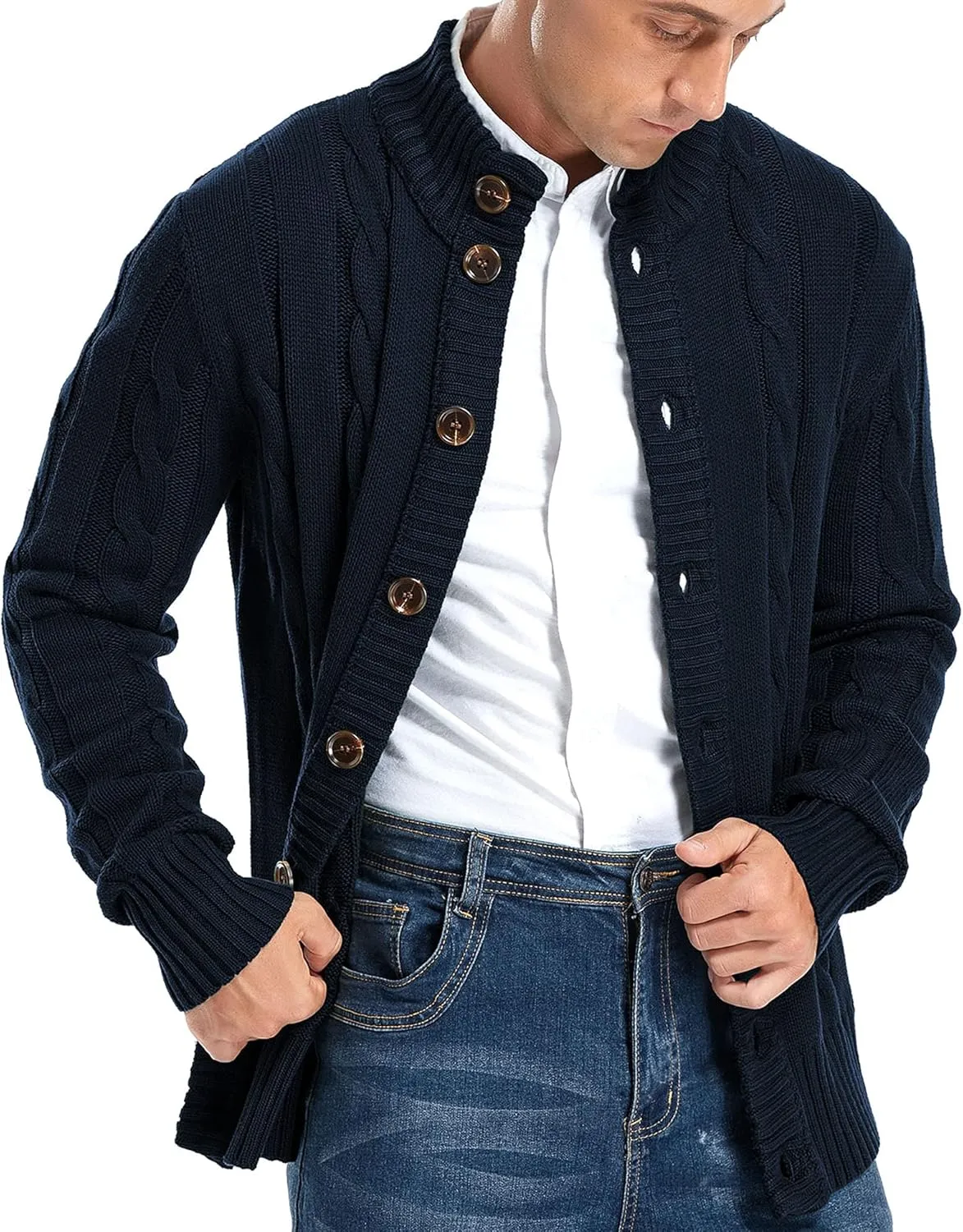 Aimeilgot Mens Fashion Casual Slim Fit Button Down Cable Knitted Stand Collar Cardigan Sweater