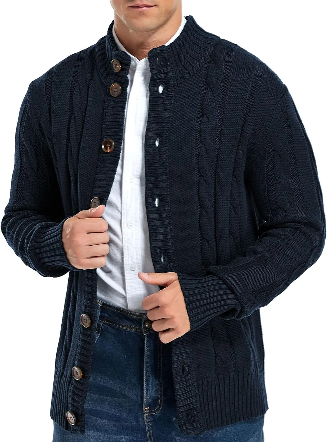 Aimeilgot Mens Fashion Casual Slim Fit Button Down Cable Knitted Stand Collar Cardigan Sweater
