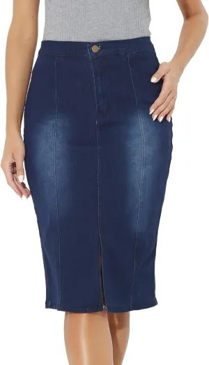 Allegra K Jean Skirts for Women Denim Trendy Casual Stretchy High Waisted Midi Knee Length Denim Skirt with Slit