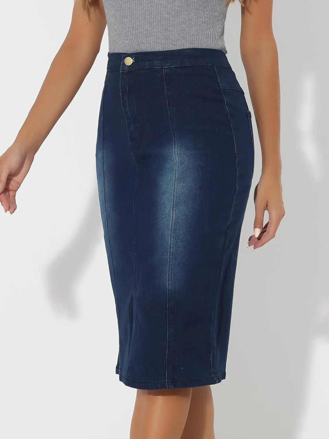 Allegra K Jean Skirts for Women Denim Trendy Casual Stretchy High Waisted Midi Knee Length Denim Skirt with Slit