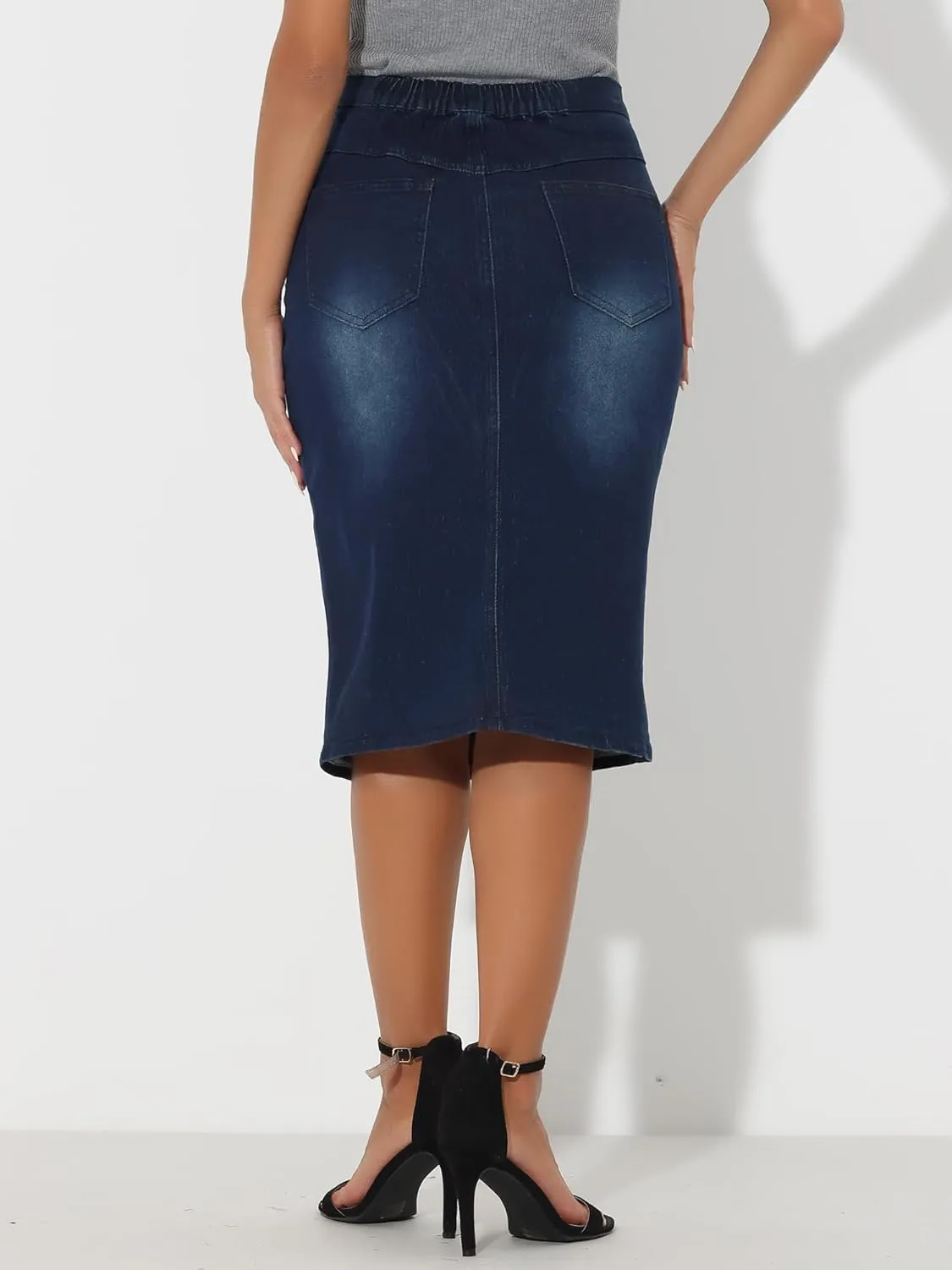 Allegra K Jean Skirts for Women Denim Trendy Casual Stretchy High Waisted Midi Knee Length Denim Skirt with Slit
