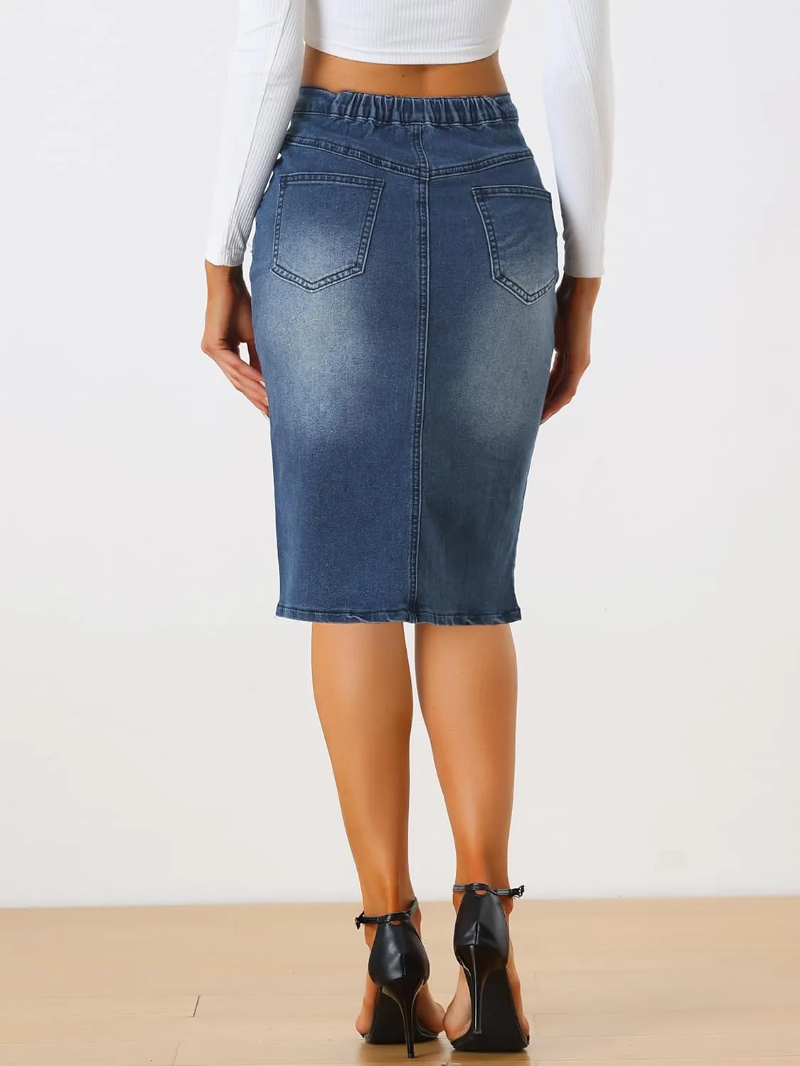 Allegra K Jean Skirts for Women Denim Trendy Casual Stretchy High Waisted Midi Knee Length Denim Skirt with Slit