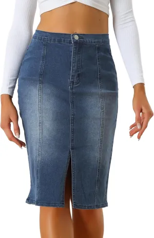 Allegra K Jean Skirts for Women Denim Trendy Casual Stretchy High Waisted Midi Knee Length Denim Skirt with Slit