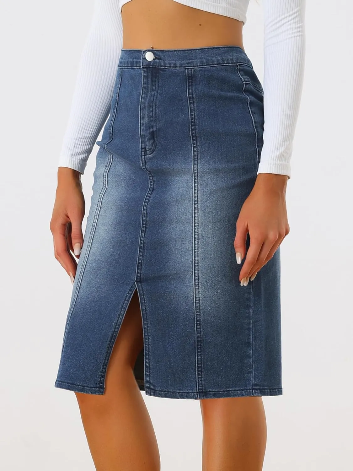 Allegra K Jean Skirts for Women Denim Trendy Casual Stretchy High Waisted Midi Knee Length Denim Skirt with Slit