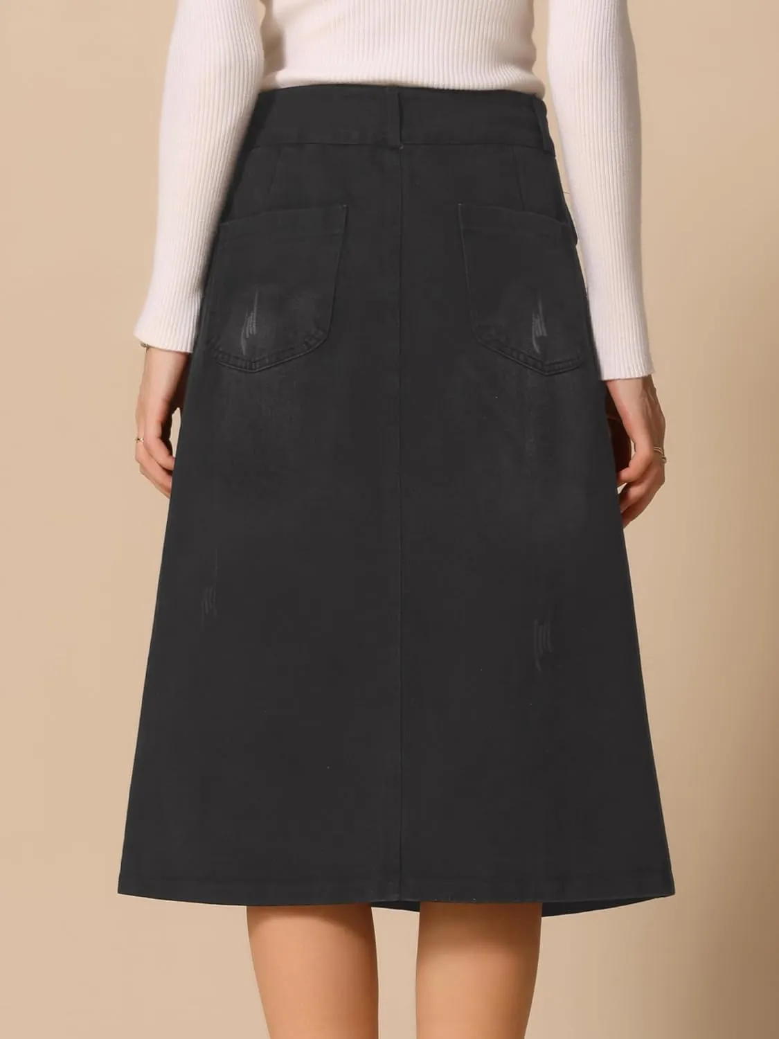 Allegra K Women's A-Line Midi Skirts Button Front High Waist Jean Denim Skirt