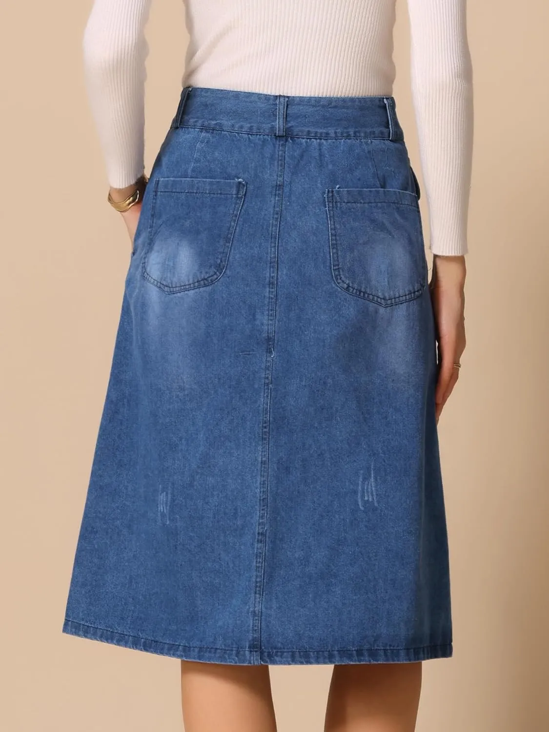 Allegra K Women's A-Line Midi Skirts Button Front High Waist Jean Denim Skirt