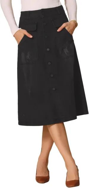 Allegra K Women's A-Line Midi Skirts Button Front High Waist Jean Denim Skirt
