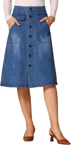 Allegra K Women's A-Line Midi Skirts Button Front High Waist Jean Denim Skirt