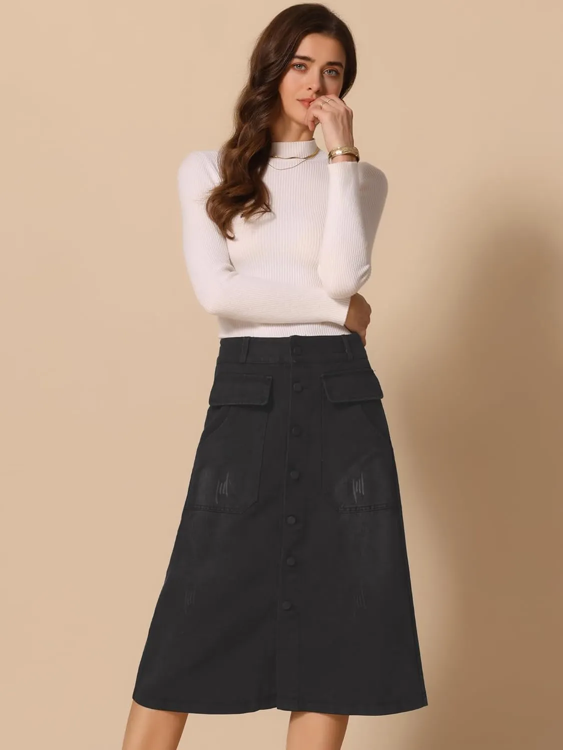 Allegra K Women's A-Line Midi Skirts Button Front High Waist Jean Denim Skirt