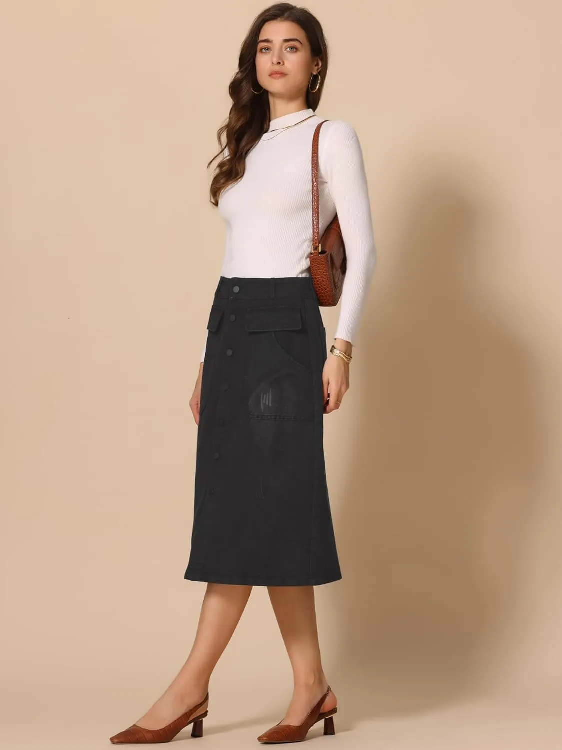 Allegra K Women's A-Line Midi Skirts Button Front High Waist Jean Denim Skirt