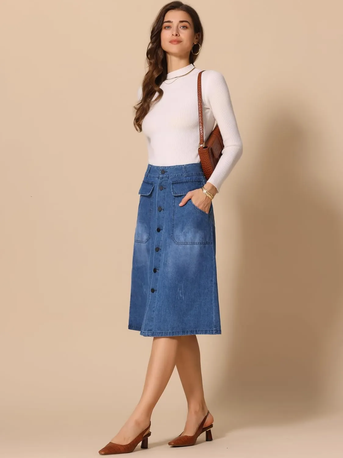Allegra K Women's A-Line Midi Skirts Button Front High Waist Jean Denim Skirt