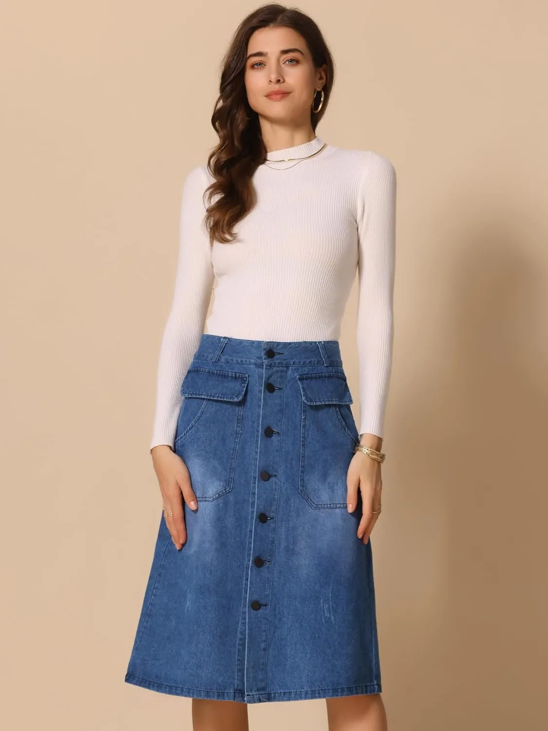 Allegra K Women's A-Line Midi Skirts Button Front High Waist Jean Denim Skirt