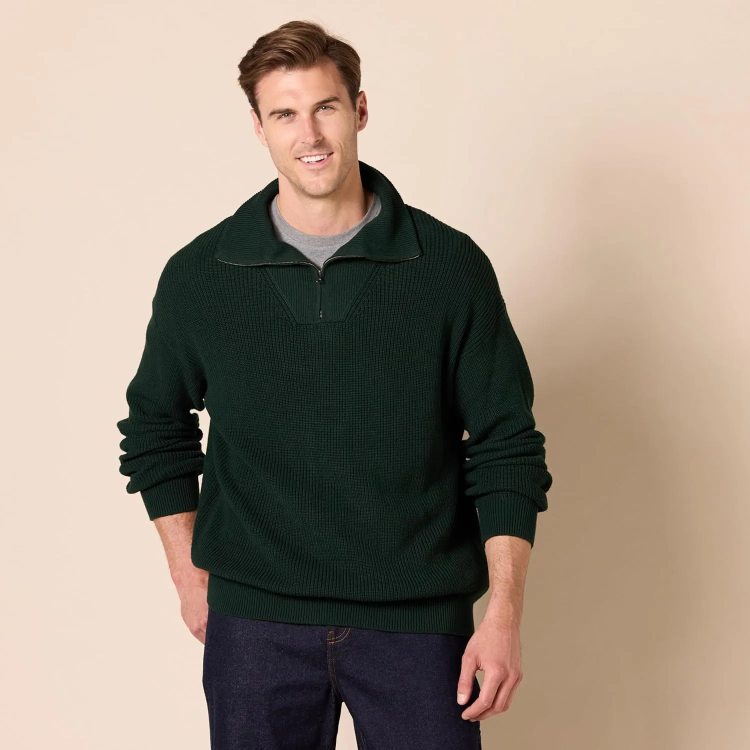 Amazon Essentials Men's Quarter-Zip Rib-Knit Relaxed-Fit Sweater