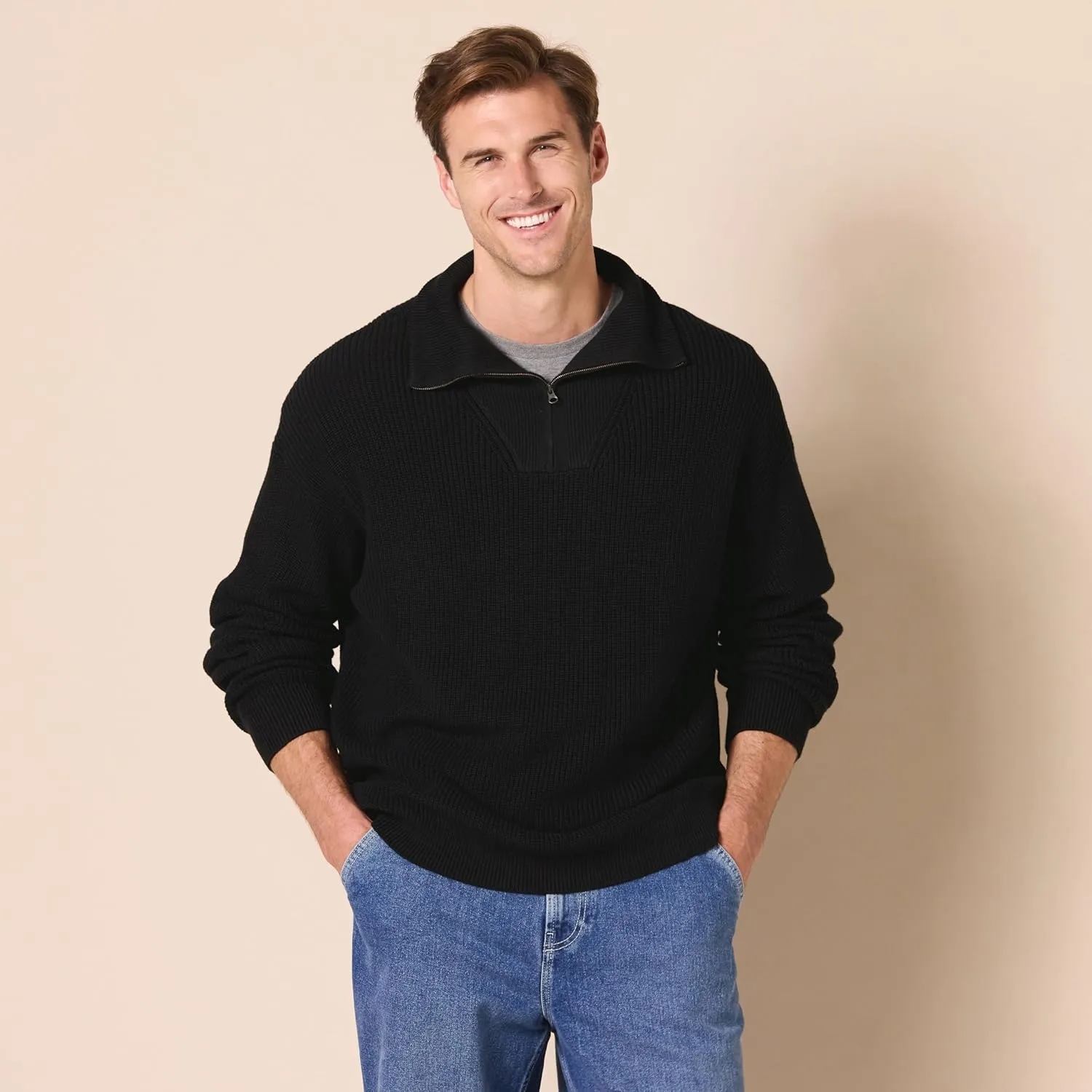 Amazon Essentials Men's Quarter-Zip Rib-Knit Relaxed-Fit Sweater