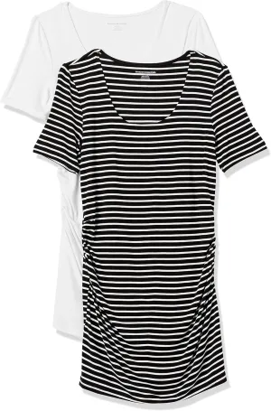 Amazon Essentials Women's Maternity Short-Sleeve Rouched Scoopneck T-Shirt, Pack of 2