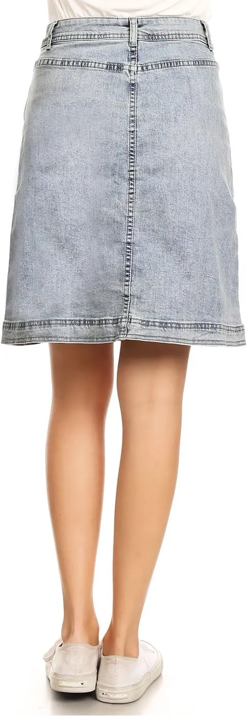 Anna-Kaci Womens Vintage Stretch Denim Jean Button Flare Skirt with Side Pocket