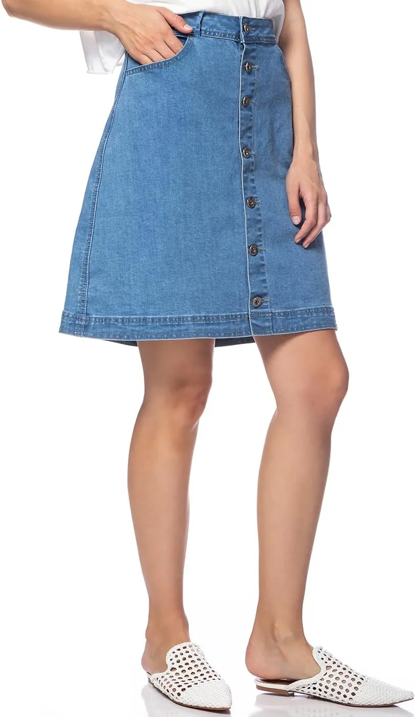 Anna-Kaci Womens Vintage Stretch Denim Jean Button Flare Skirt with Side Pocket