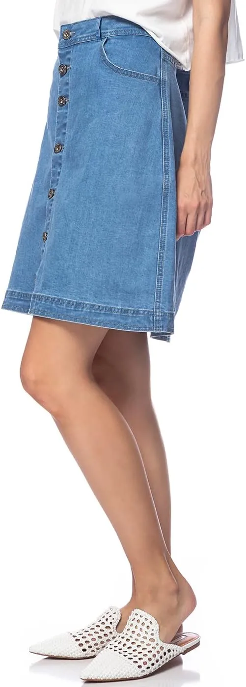 Anna-Kaci Womens Vintage Stretch Denim Jean Button Flare Skirt with Side Pocket