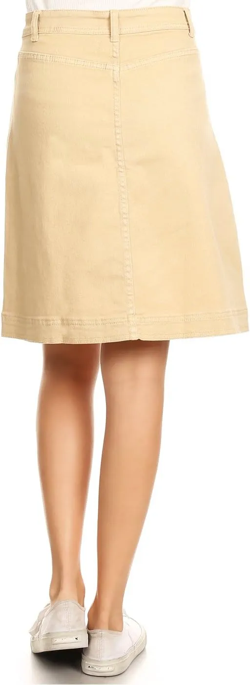 Anna-Kaci Womens Vintage Stretch Denim Jean Button Flare Skirt with Side Pocket