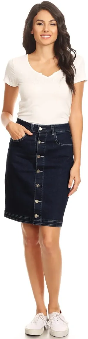 Anna-Kaci Womens Vintage Stretch Denim Jean Button Flare Skirt with Side Pocket