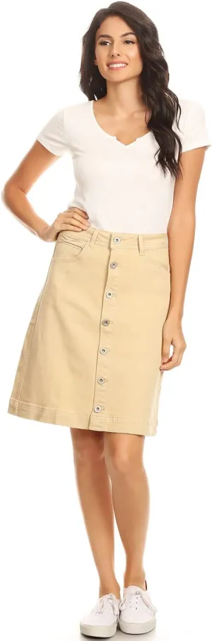 Anna-Kaci Womens Vintage Stretch Denim Jean Button Flare Skirt with Side Pocket