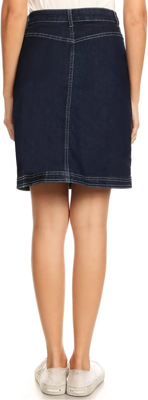 Anna-Kaci Womens Vintage Stretch Denim Jean Button Flare Skirt with Side Pocket