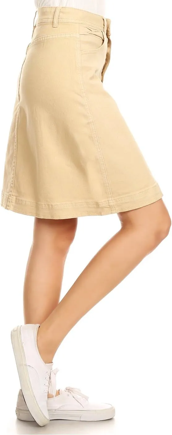 Anna-Kaci Womens Vintage Stretch Denim Jean Button Flare Skirt with Side Pocket