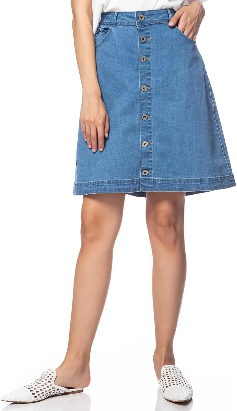 Anna-Kaci Womens Vintage Stretch Denim Jean Button Flare Skirt with Side Pocket
