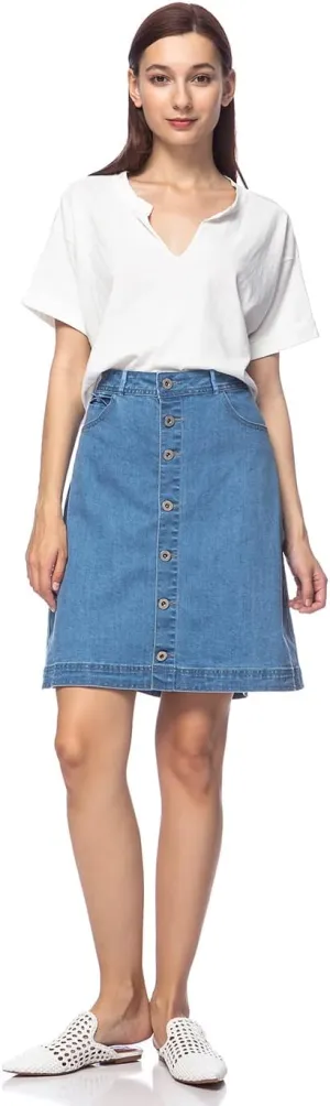 Anna-Kaci Womens Vintage Stretch Denim Jean Button Flare Skirt with Side Pocket
