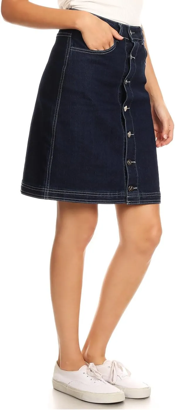 Anna-Kaci Womens Vintage Stretch Denim Jean Button Flare Skirt with Side Pocket