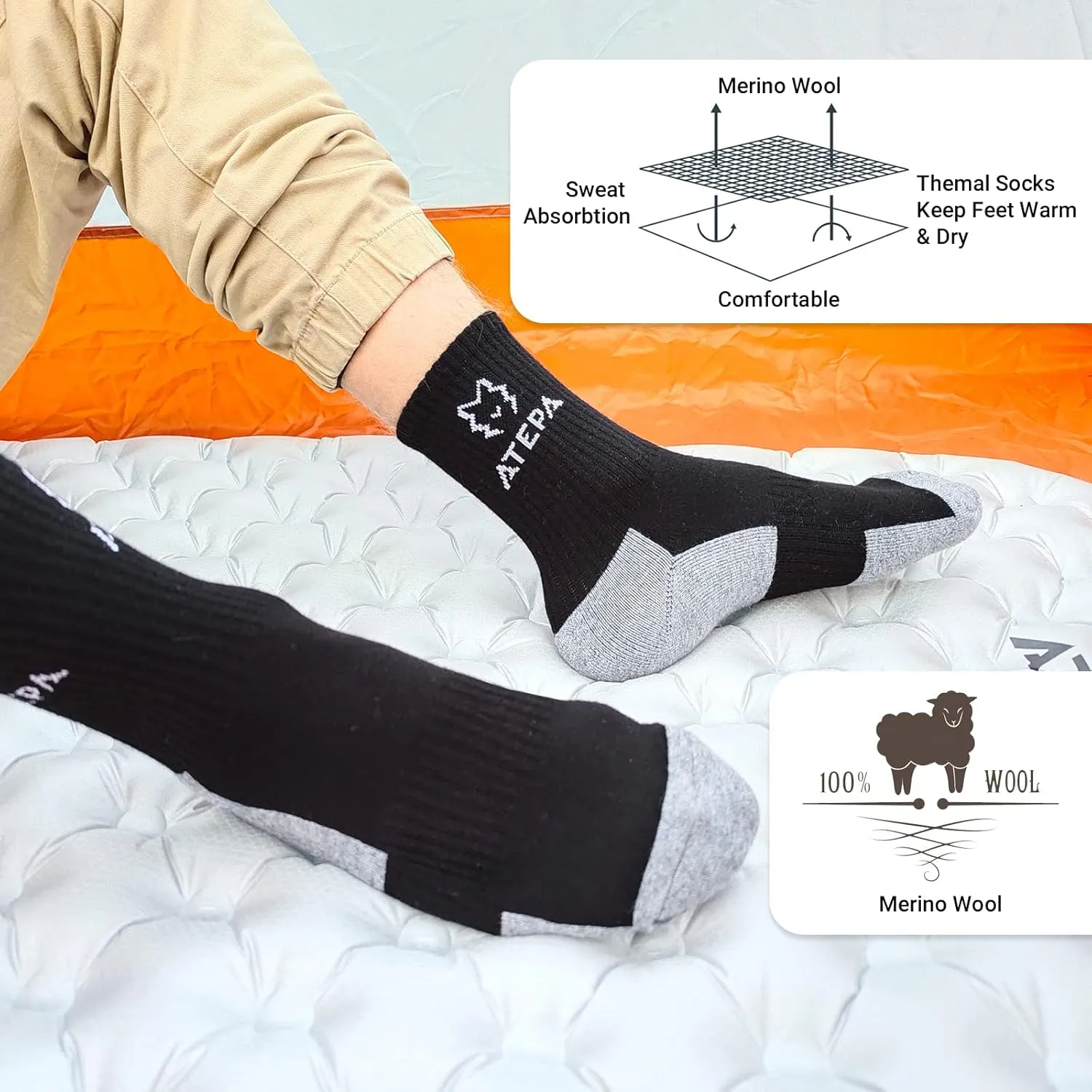 ATEPA Men's Hiking Socks Outdoor Recreation Socks Merino Wool Socks for Women Men Winter Warm Thermal Socks 1/3/6 Pairs